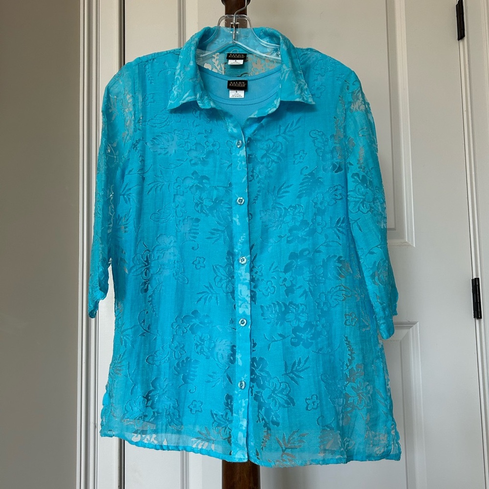Salon Studio Women Turquoise Floral Sheer Blouse and Tank Top Set Size Small